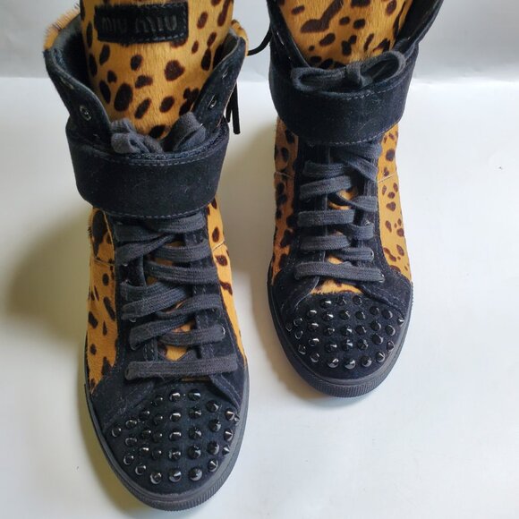 MIU MIU SUEDE PONY HAIR SPIKED HI TOP SNEAKERS - Picture 4 of 8